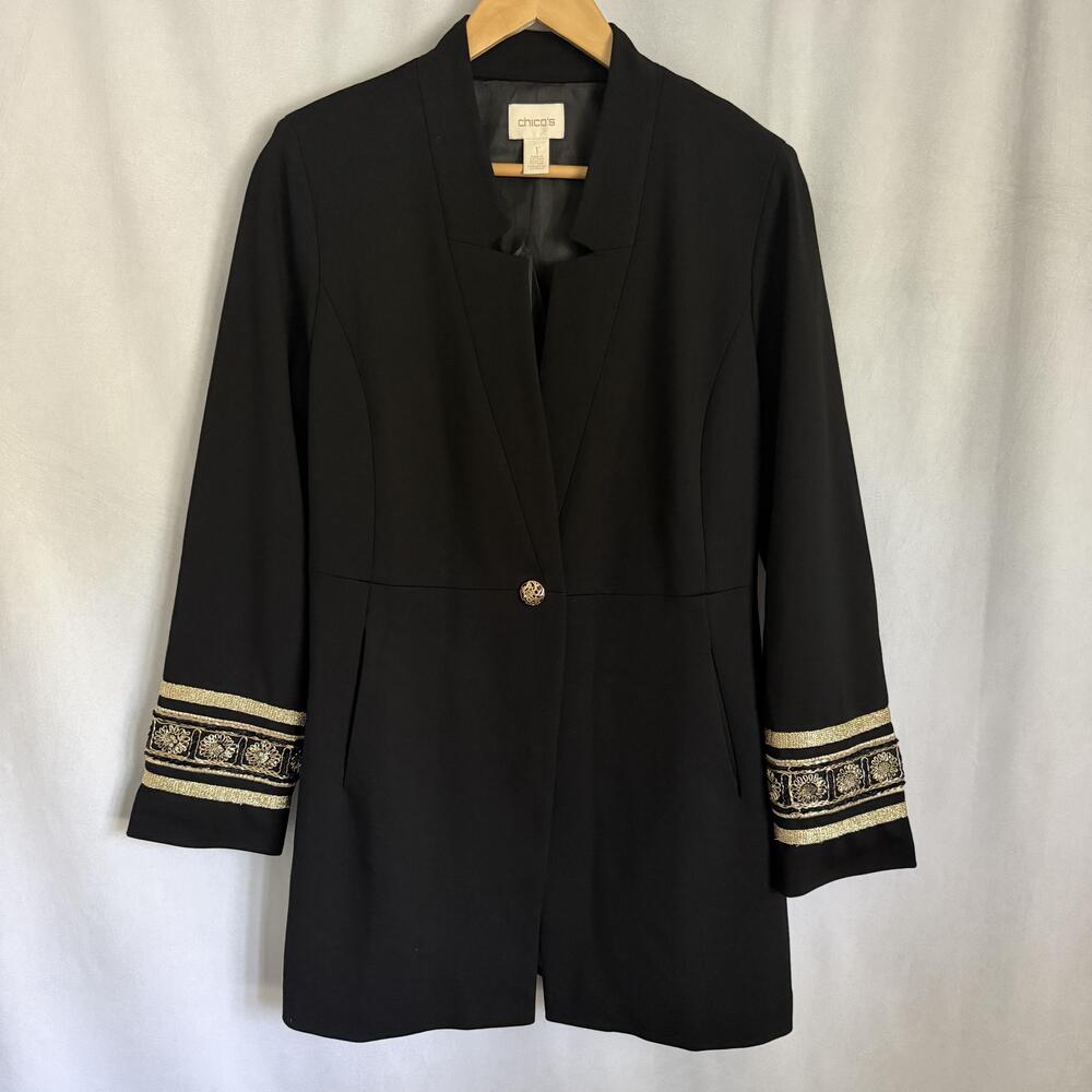 Chico's Blazer 1 Sz M Black Embroidered Sequin Velvet Long Jacket Lined Dressy